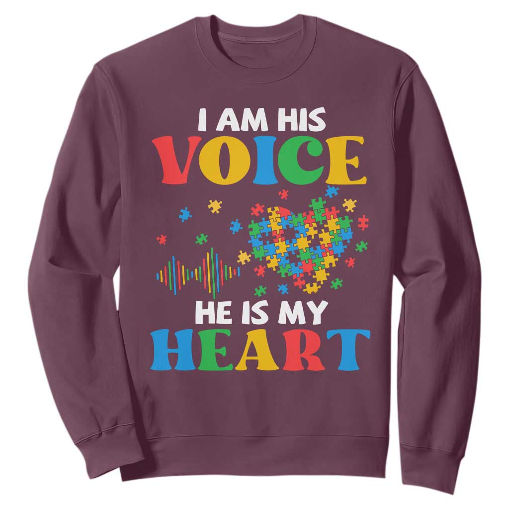 I Am His Voice He Is My Heart Sweatshirt Autism Support Puzzle Piece