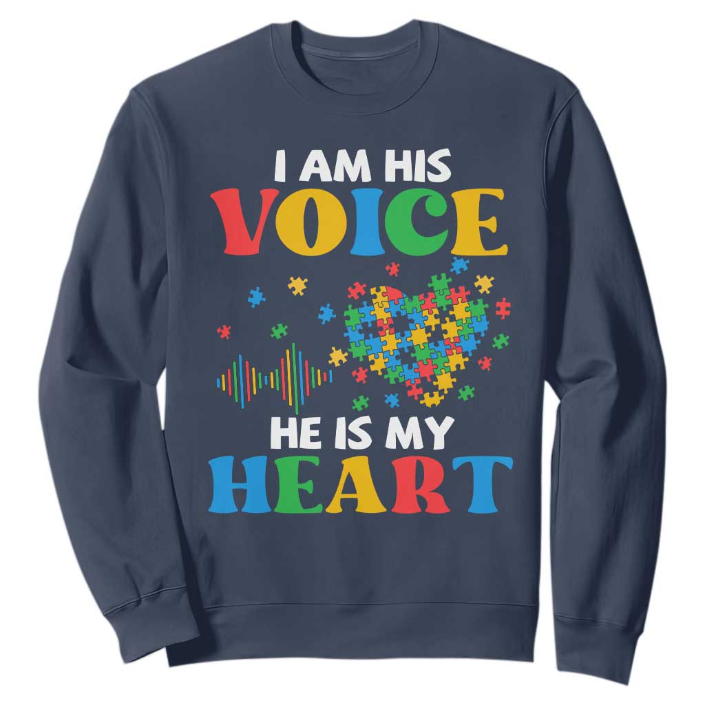 I Am His Voice He Is My Heart Sweatshirt Autism Support Puzzle Piece