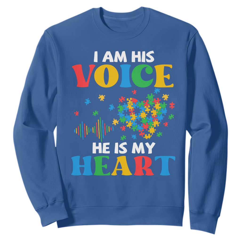 I Am His Voice He Is My Heart Sweatshirt Autism Support Puzzle Piece