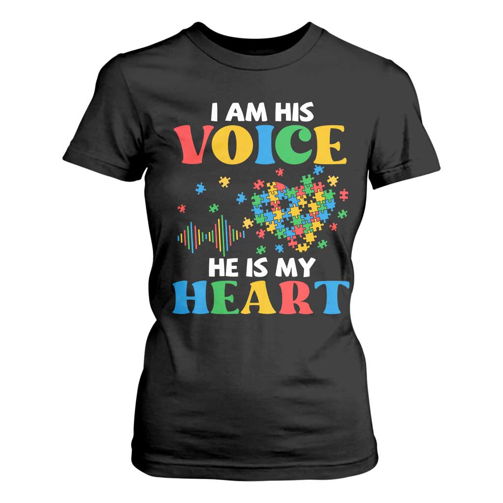 I Am His Voice He Is My Heart T Shirt For Women Autism Support Puzzle Piece