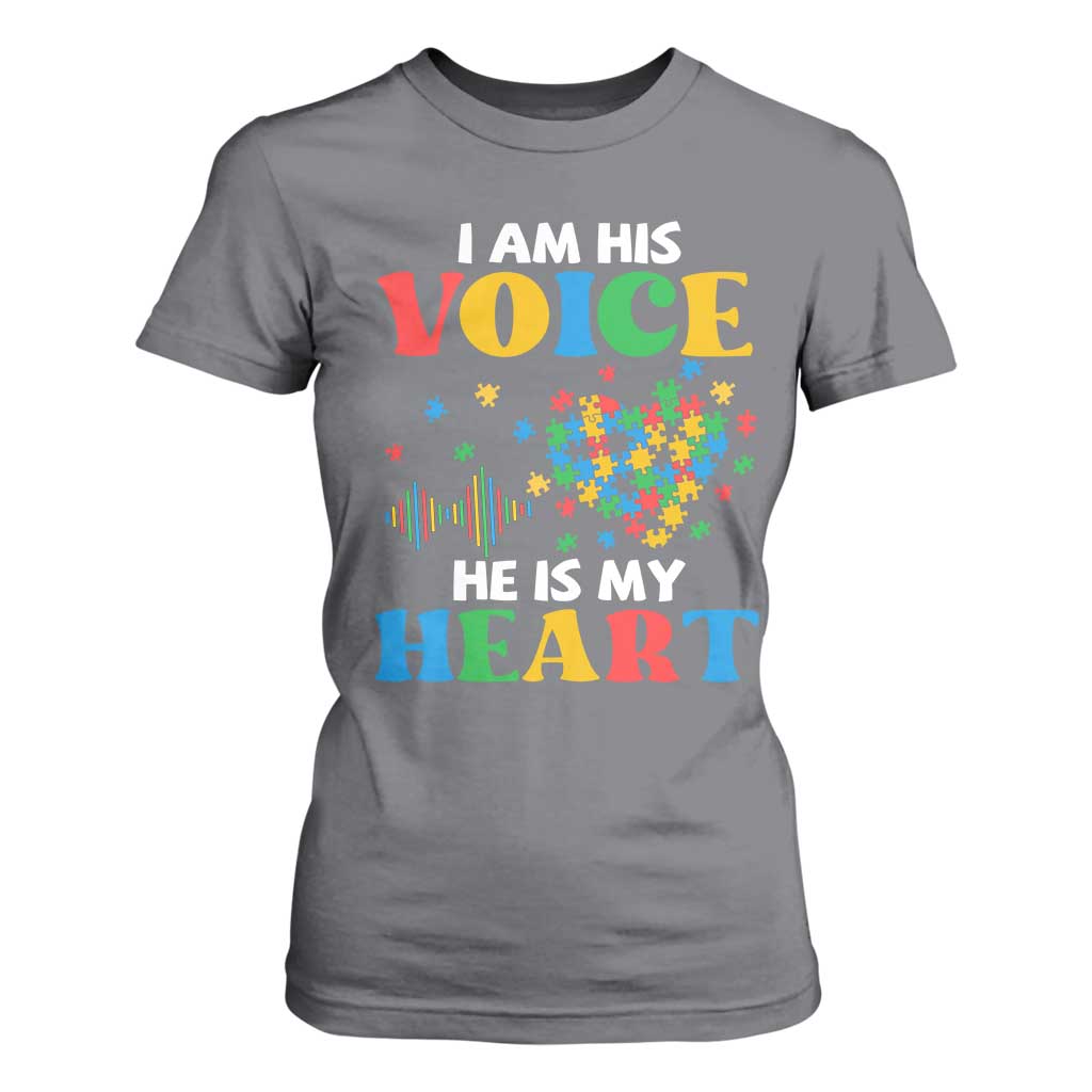 I Am His Voice He Is My Heart T Shirt For Women Autism Support Puzzle Piece