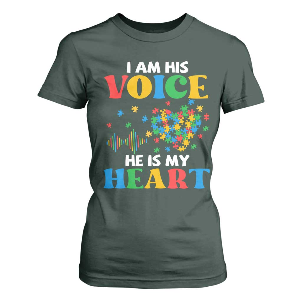 I Am His Voice He Is My Heart T Shirt For Women Autism Support Puzzle Piece
