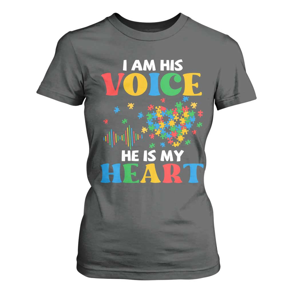 I Am His Voice He Is My Heart T Shirt For Women Autism Support Puzzle Piece