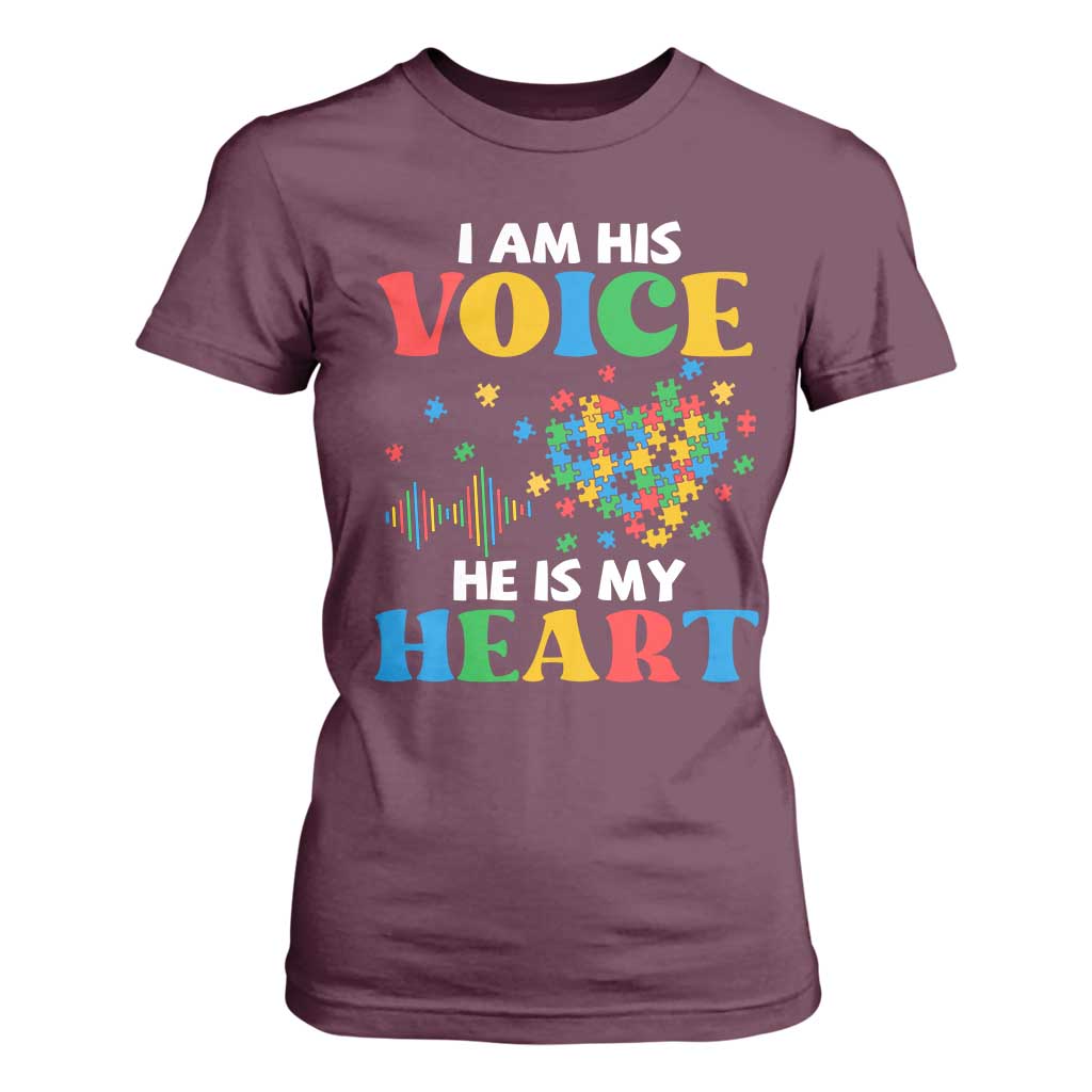 I Am His Voice He Is My Heart T Shirt For Women Autism Support Puzzle Piece