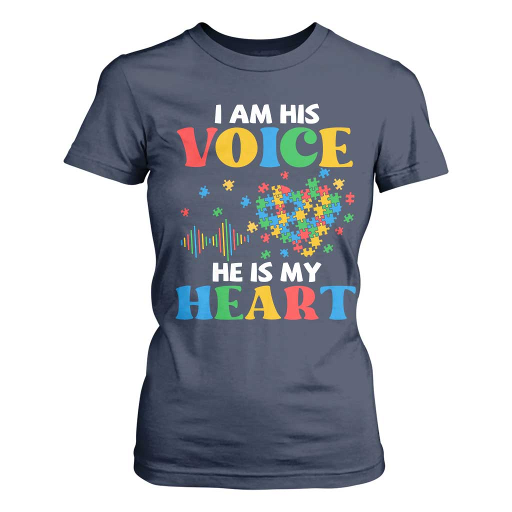 I Am His Voice He Is My Heart T Shirt For Women Autism Support Puzzle Piece