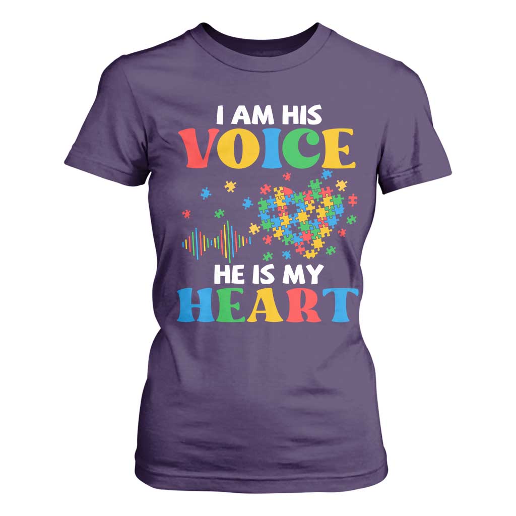 I Am His Voice He Is My Heart T Shirt For Women Autism Support Puzzle Piece