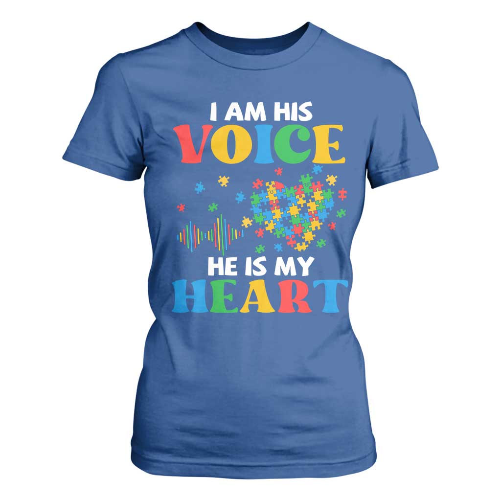I Am His Voice He Is My Heart T Shirt For Women Autism Support Puzzle Piece