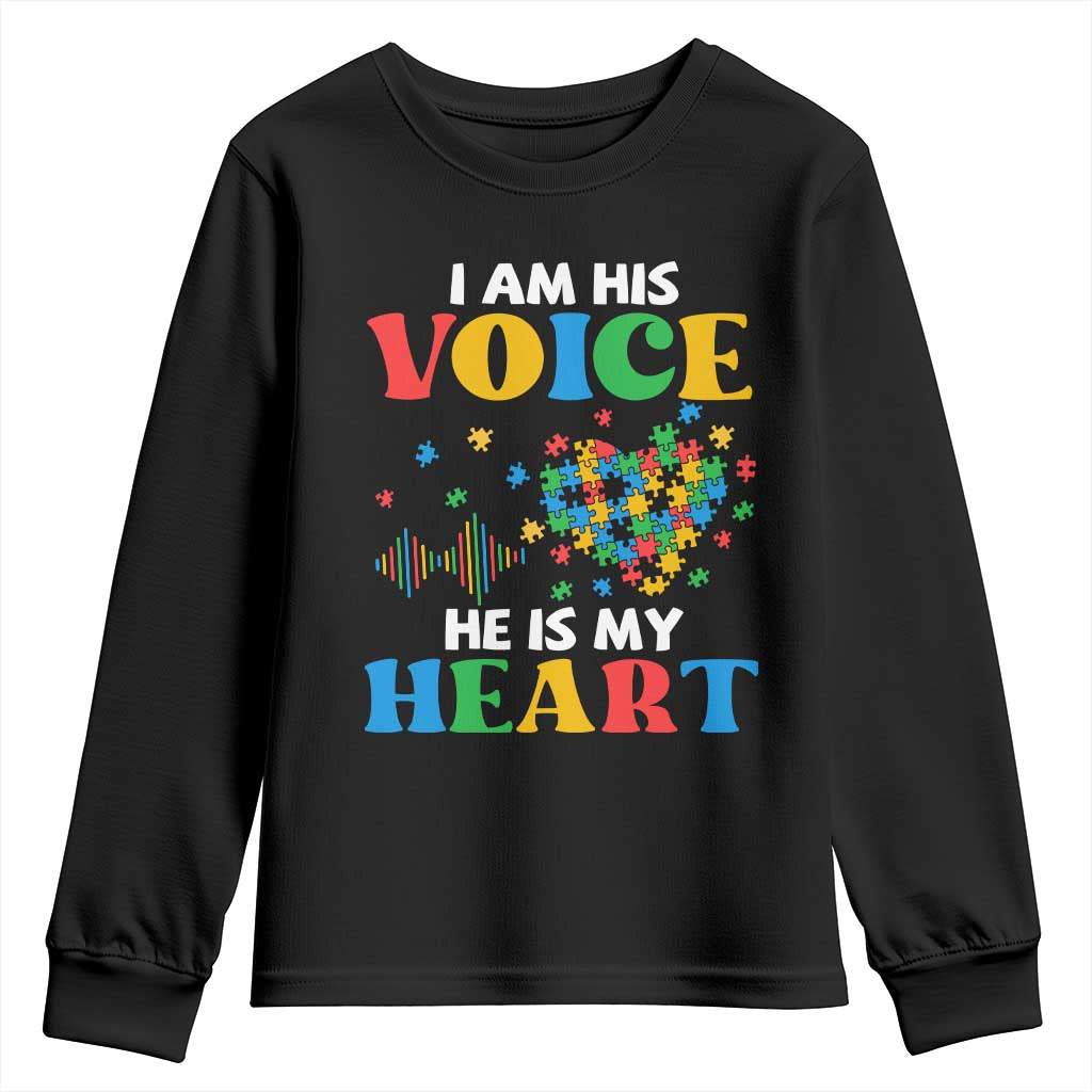 I Am His Voice He Is My Heart Youth Sweatshirt Autism Support Puzzle Piece