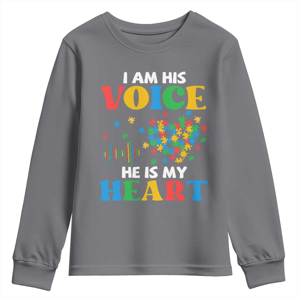 I Am His Voice He Is My Heart Youth Sweatshirt Autism Support Puzzle Piece