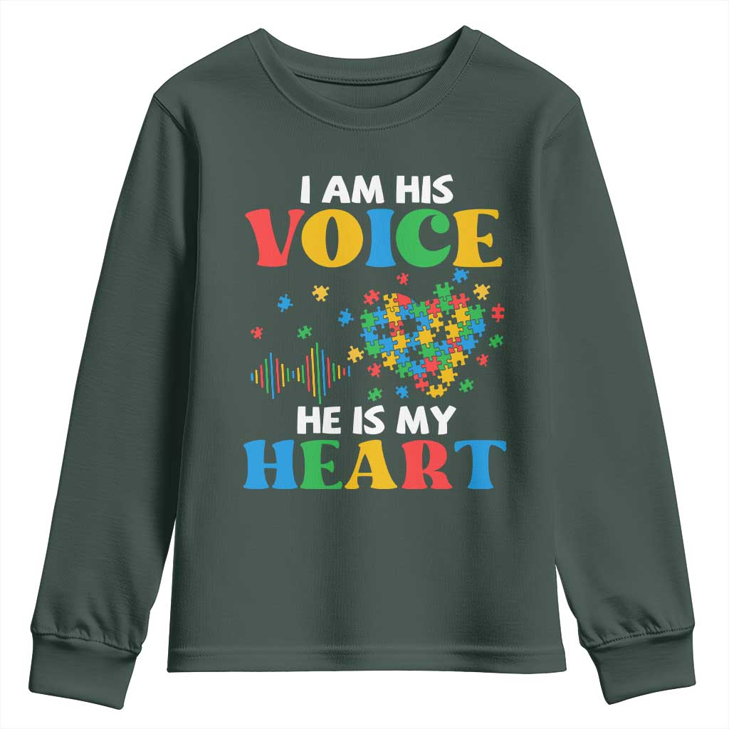 I Am His Voice He Is My Heart Youth Sweatshirt Autism Support Puzzle Piece