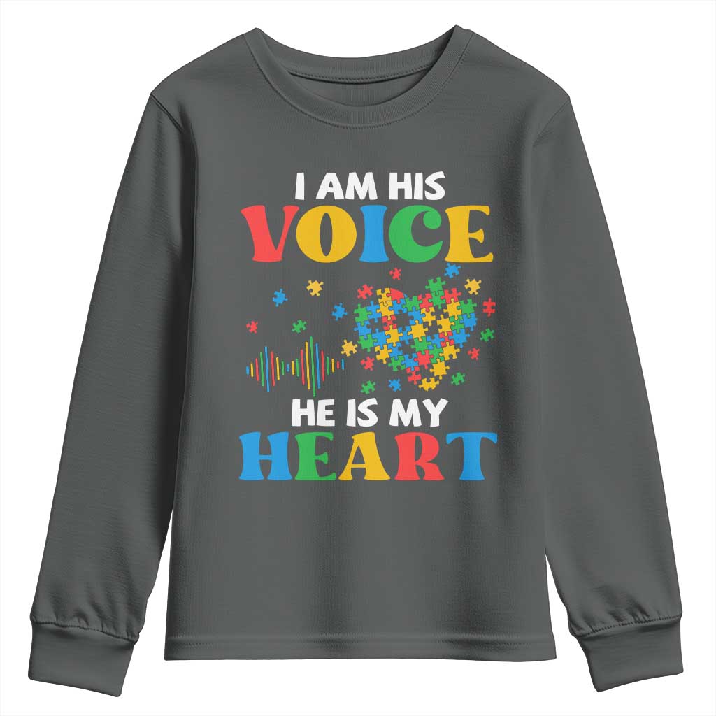 I Am His Voice He Is My Heart Youth Sweatshirt Autism Support Puzzle Piece