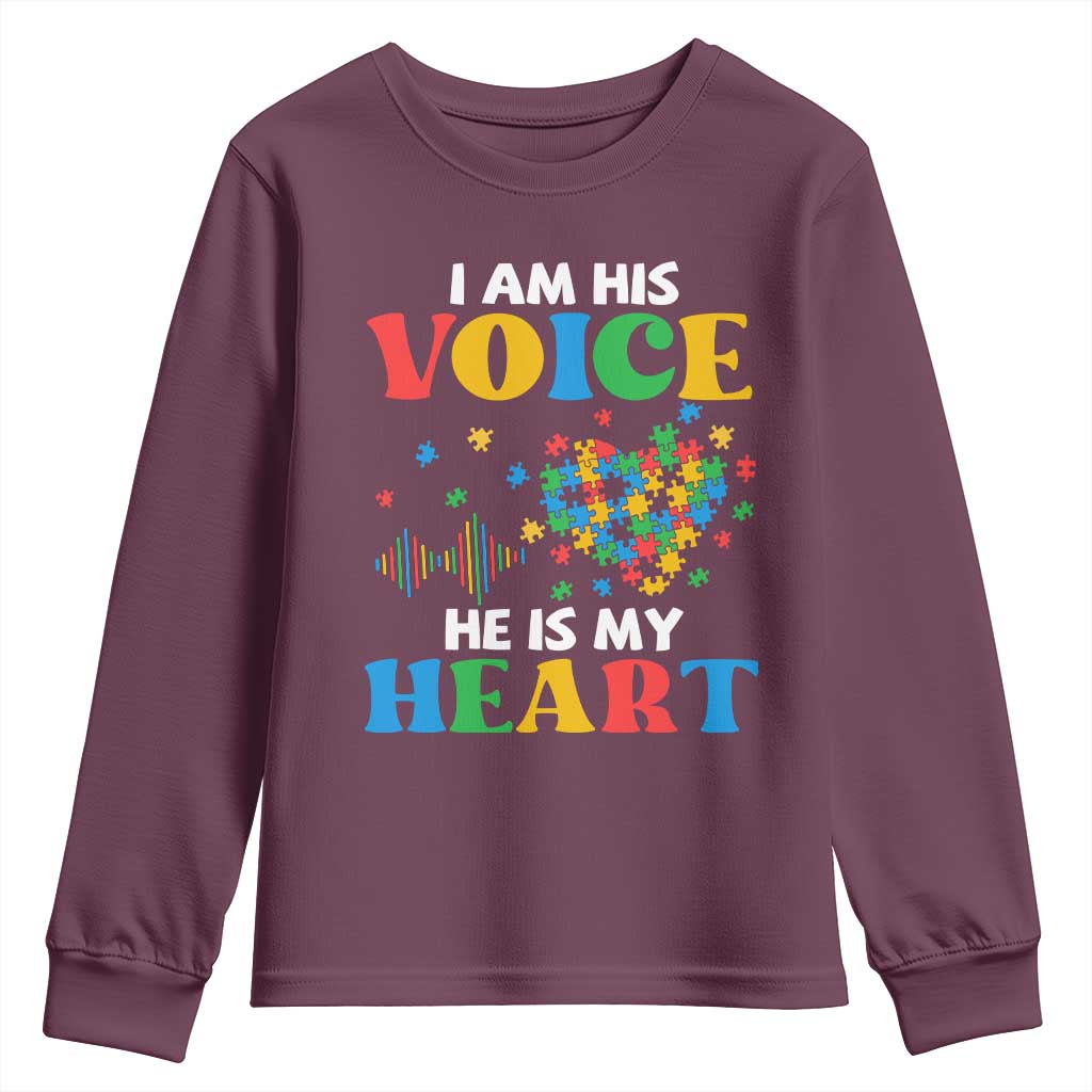I Am His Voice He Is My Heart Youth Sweatshirt Autism Support Puzzle Piece