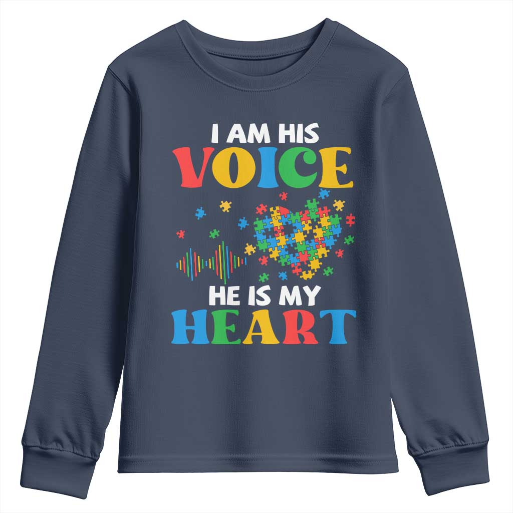 I Am His Voice He Is My Heart Youth Sweatshirt Autism Support Puzzle Piece