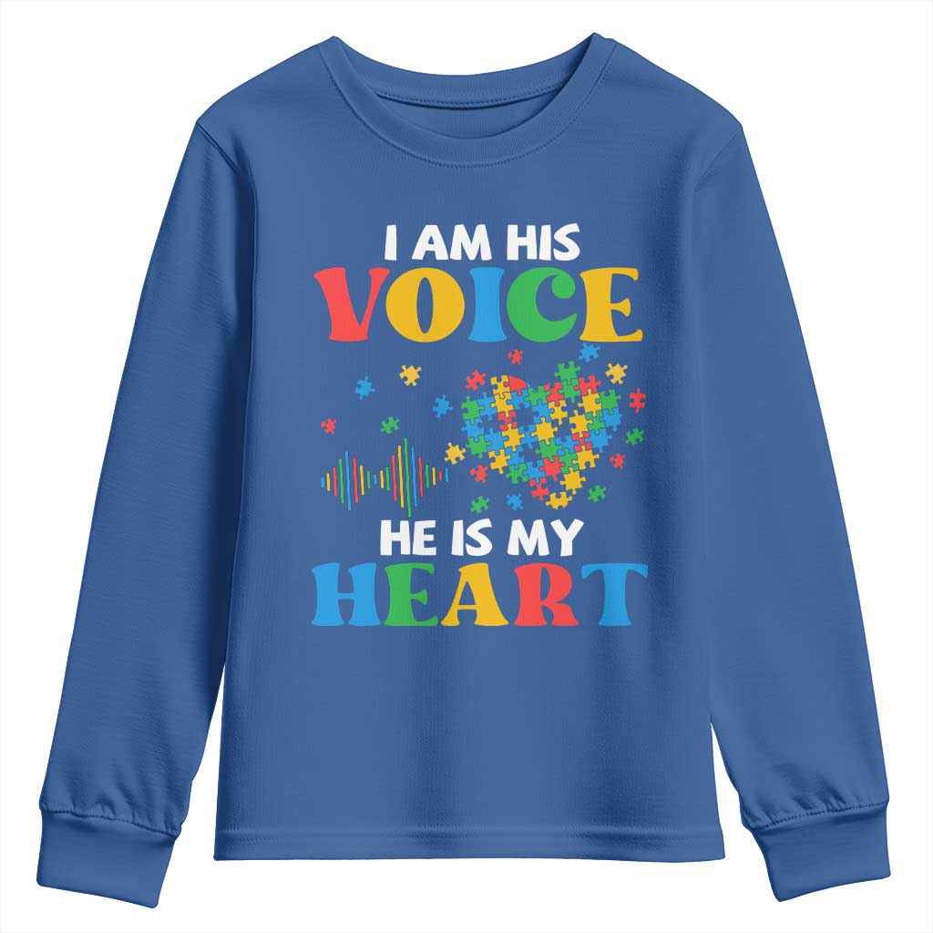 I Am His Voice He Is My Heart Youth Sweatshirt Autism Support Puzzle Piece