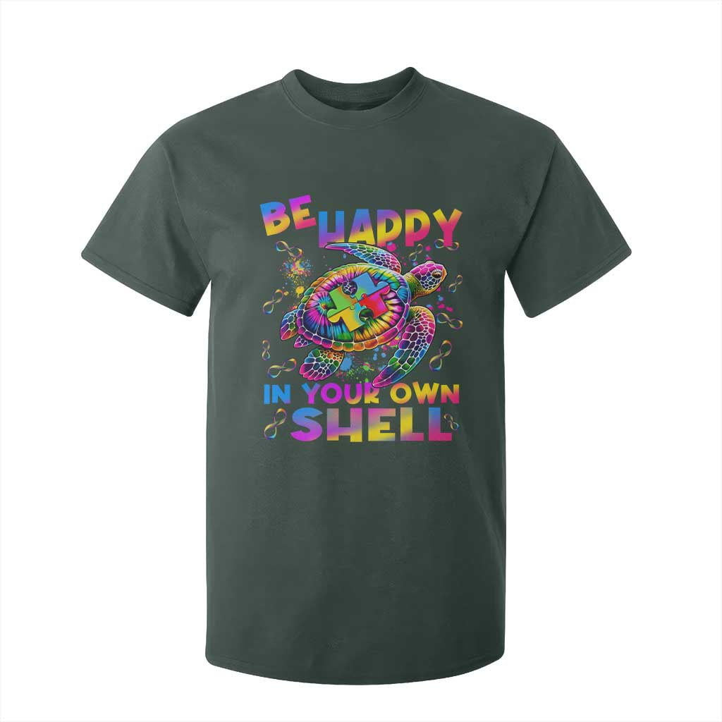 Funny Autism Support Be Happy In Your Own Shell T Shirt For Kid Rainbow Puzzle Turtle