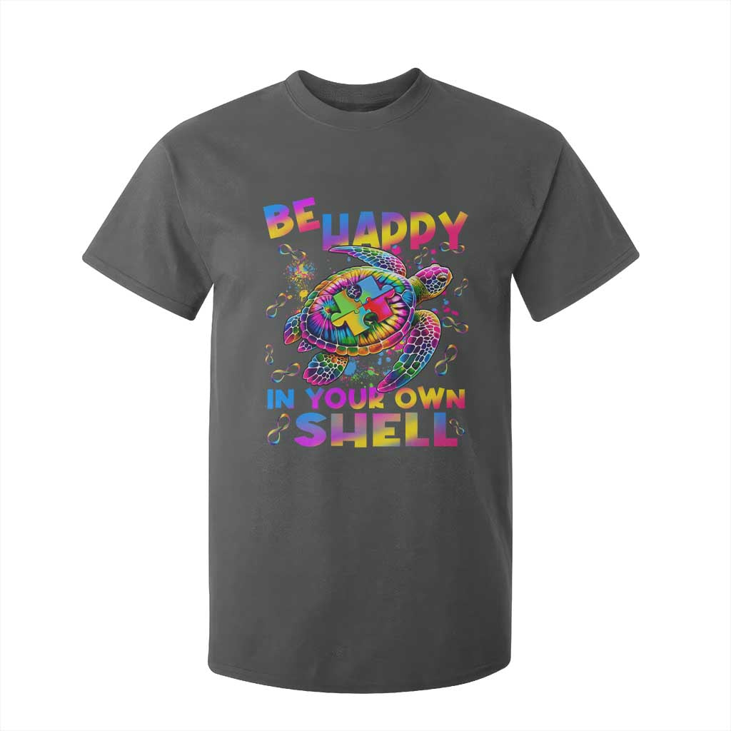 Funny Autism Support Be Happy In Your Own Shell T Shirt For Kid Rainbow Puzzle Turtle