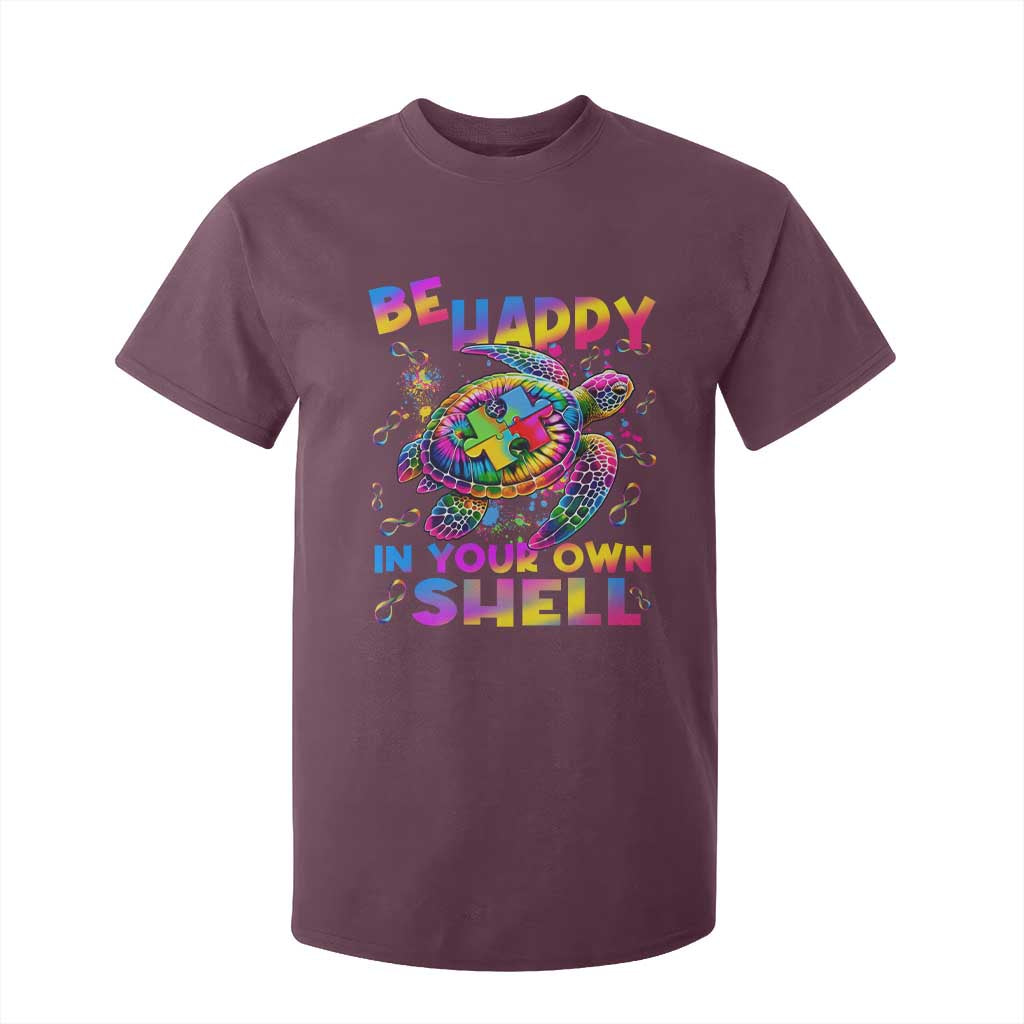 Funny Autism Support Be Happy In Your Own Shell T Shirt For Kid Rainbow Puzzle Turtle