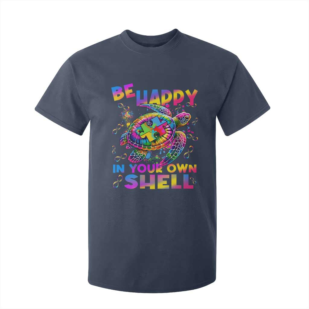 Funny Autism Support Be Happy In Your Own Shell T Shirt For Kid Rainbow Puzzle Turtle