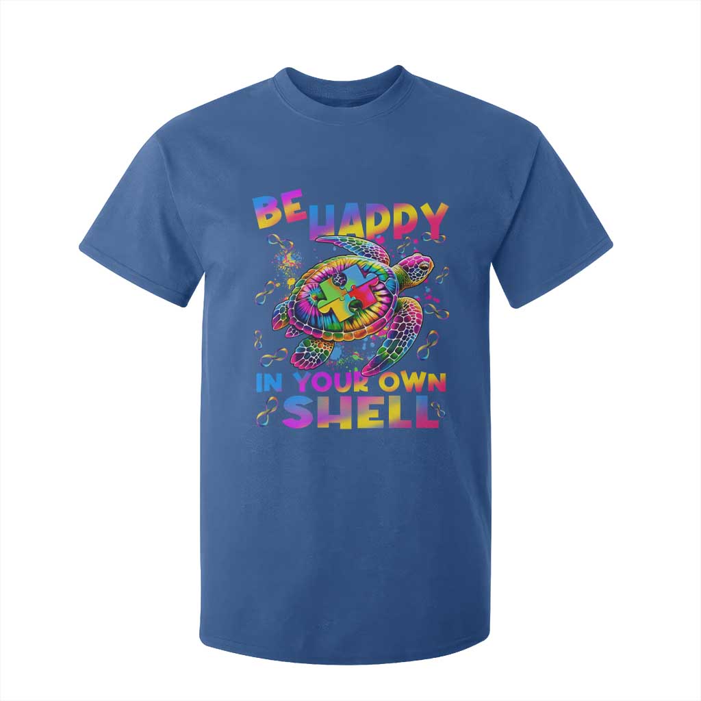 Funny Autism Support Be Happy In Your Own Shell T Shirt For Kid Rainbow Puzzle Turtle