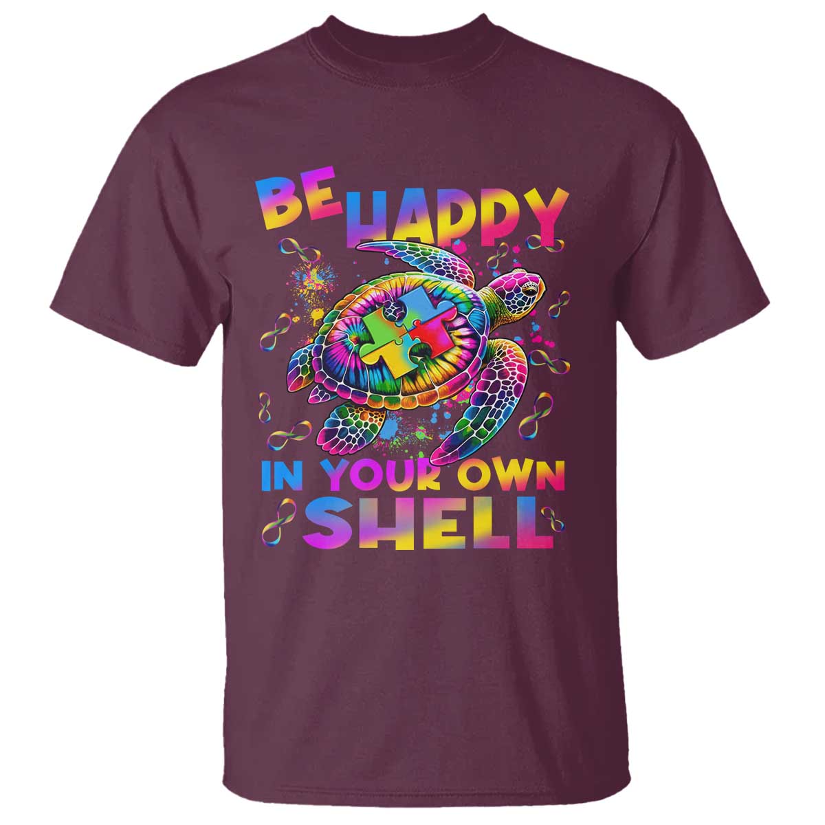 Funny Autism Support Be Happy In Your Own Shell T Shirt Rainbow Puzzle Turtle