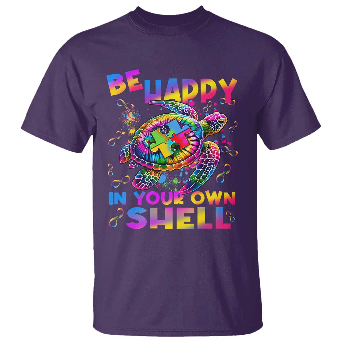 Funny Autism Support Be Happy In Your Own Shell T Shirt Rainbow Puzzle Turtle