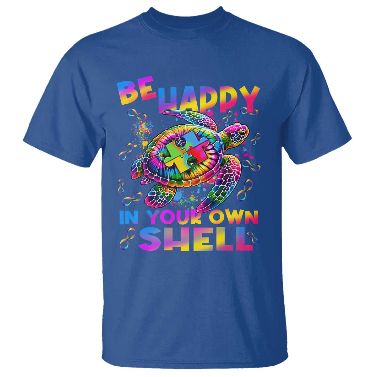 Funny Autism Support Be Happy In Your Own Shell T Shirt Rainbow Puzzle Turtle