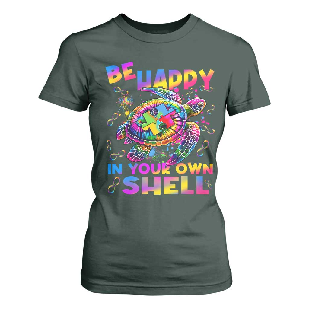 Funny Autism Support Be Happy In Your Own Shell T Shirt For Women Rainbow Puzzle Turtle