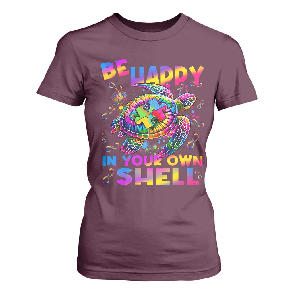 Funny Autism Support Be Happy In Your Own Shell T Shirt For Women Rainbow Puzzle Turtle