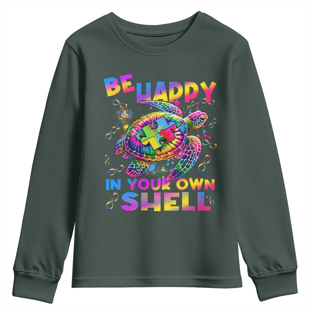 Funny Autism Support Be Happy In Your Own Shell Youth Sweatshirt Rainbow Puzzle Turtle