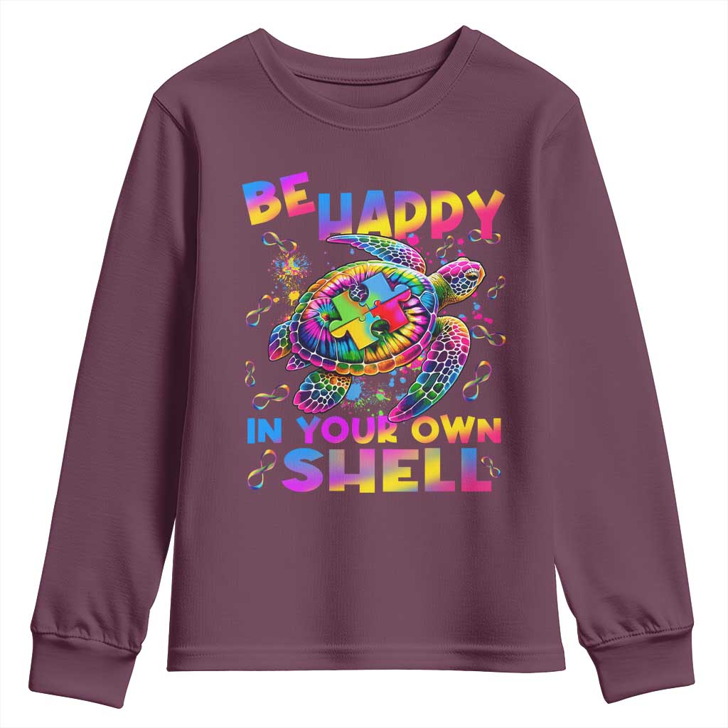 Funny Autism Support Be Happy In Your Own Shell Youth Sweatshirt Rainbow Puzzle Turtle