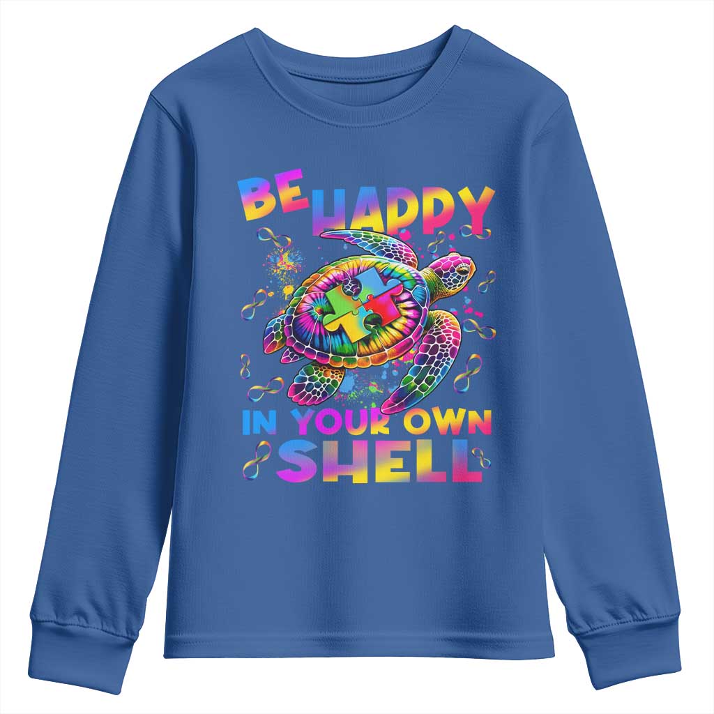 Funny Autism Support Be Happy In Your Own Shell Youth Sweatshirt Rainbow Puzzle Turtle