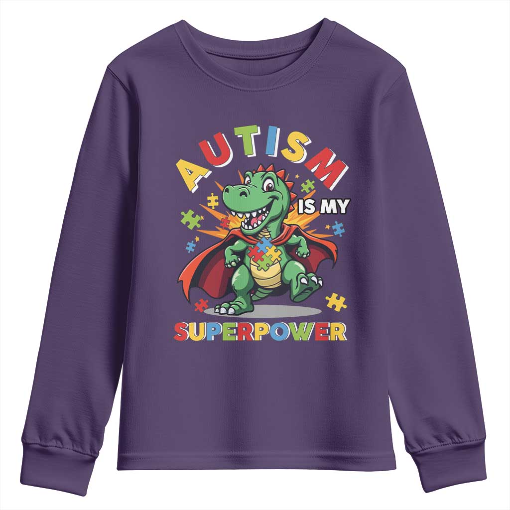 Funny Autism Is My Superpower Youth Sweatshirt Autism Support Autistic Dinosaur