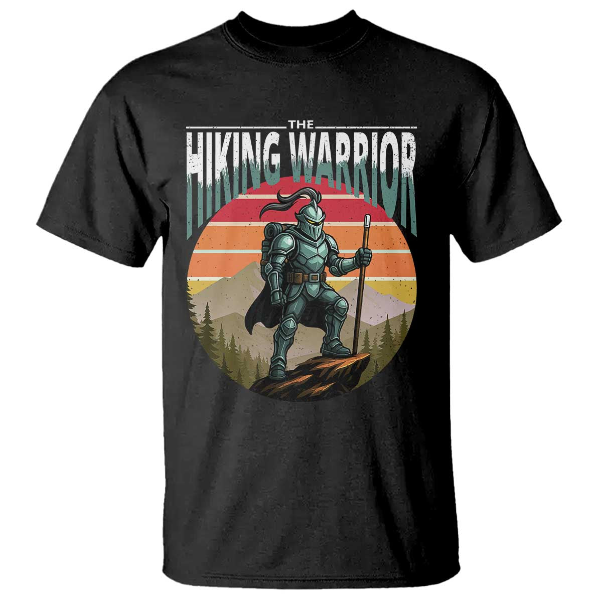 funny-mountain-hikers-t-shirt-the-hiking-warrior-retro-forest-sunset