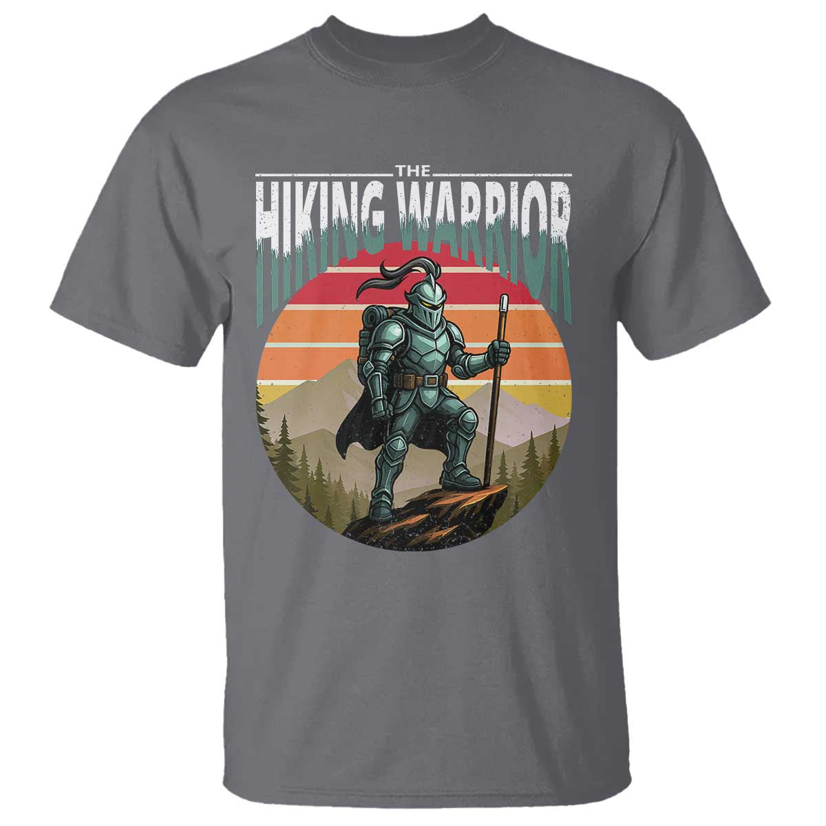 funny-mountain-hikers-t-shirt-the-hiking-warrior-retro-forest-sunset