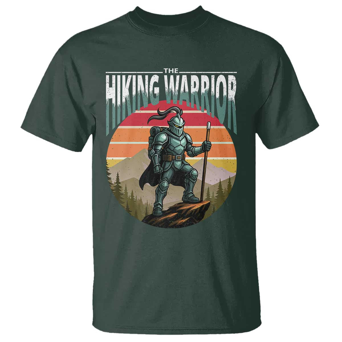 funny-mountain-hikers-t-shirt-the-hiking-warrior-retro-forest-sunset