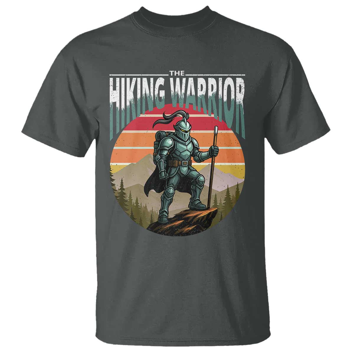 funny-mountain-hikers-t-shirt-the-hiking-warrior-retro-forest-sunset