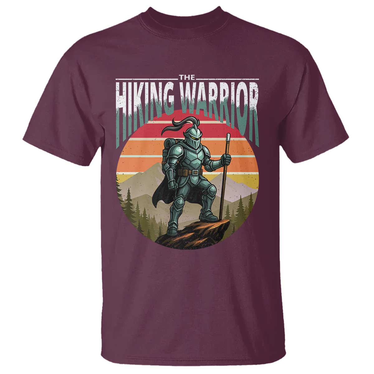 funny-mountain-hikers-t-shirt-the-hiking-warrior-retro-forest-sunset