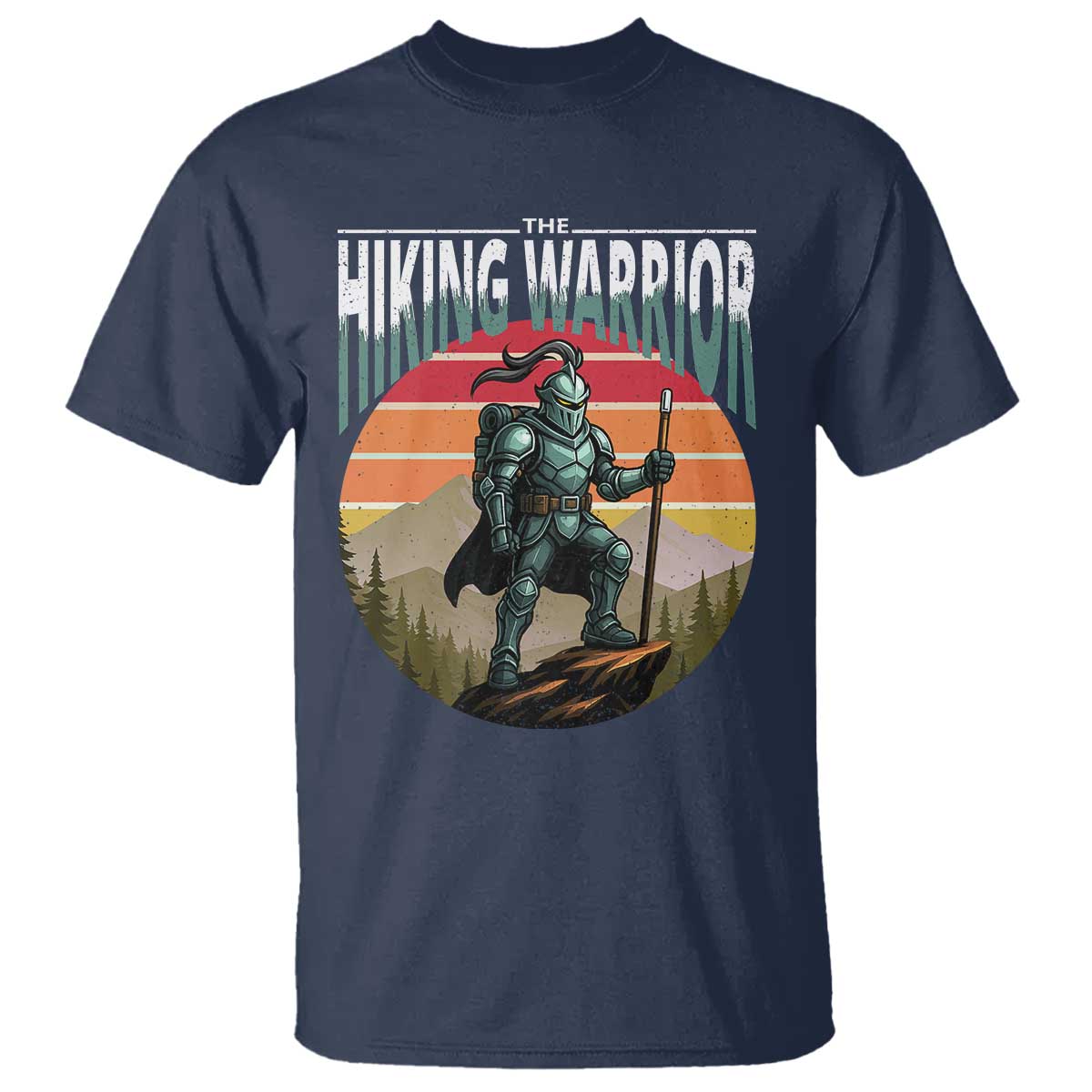 funny-mountain-hikers-t-shirt-the-hiking-warrior-retro-forest-sunset