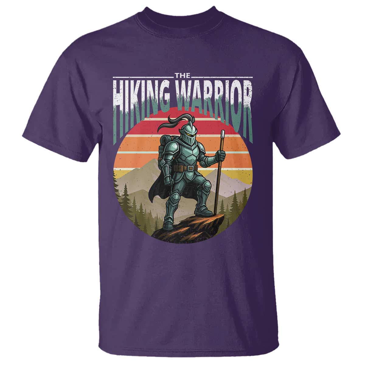 funny-mountain-hikers-t-shirt-the-hiking-warrior-retro-forest-sunset