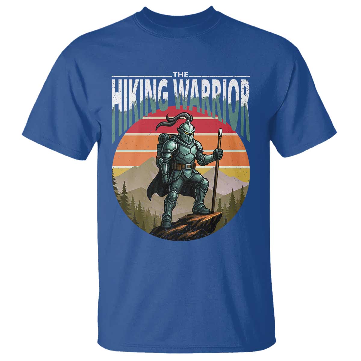 funny-mountain-hikers-t-shirt-the-hiking-warrior-retro-forest-sunset