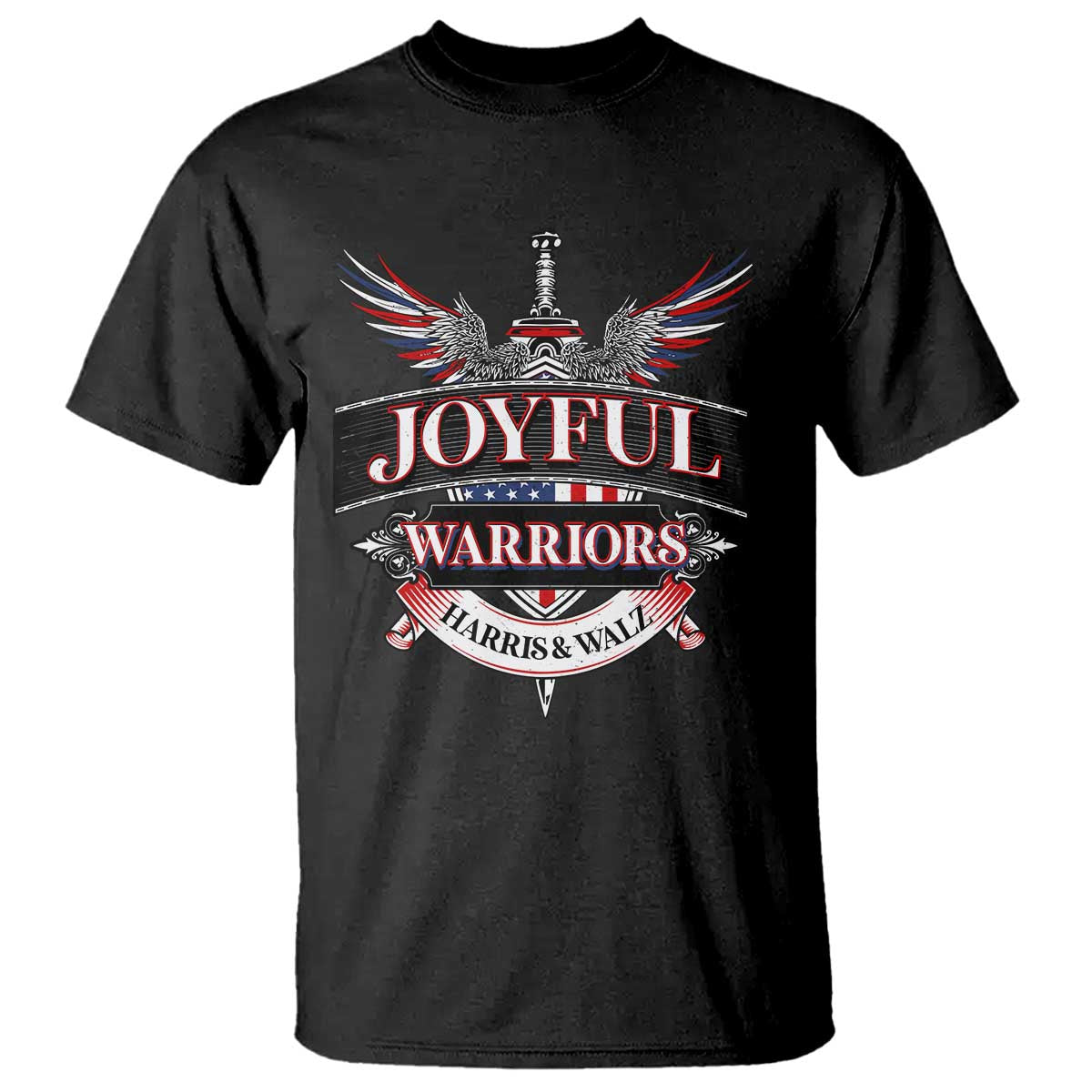 harris-walz-t-shirt-joyful-warriors-vintage-sword-american-flag