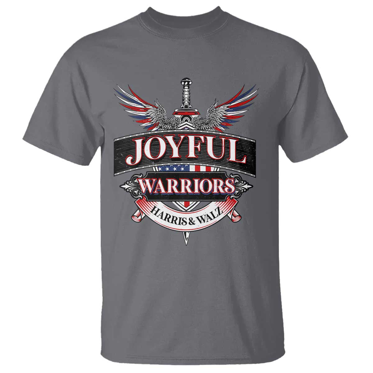 harris-walz-t-shirt-joyful-warriors-vintage-sword-american-flag
