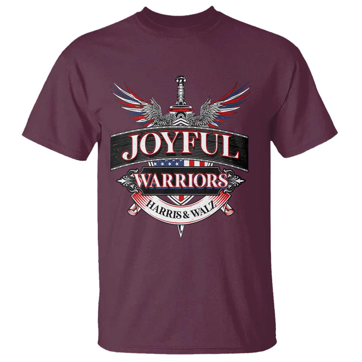 harris-walz-t-shirt-joyful-warriors-vintage-sword-american-flag