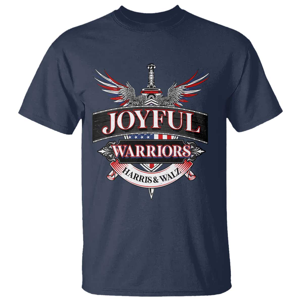 harris-walz-t-shirt-joyful-warriors-vintage-sword-american-flag