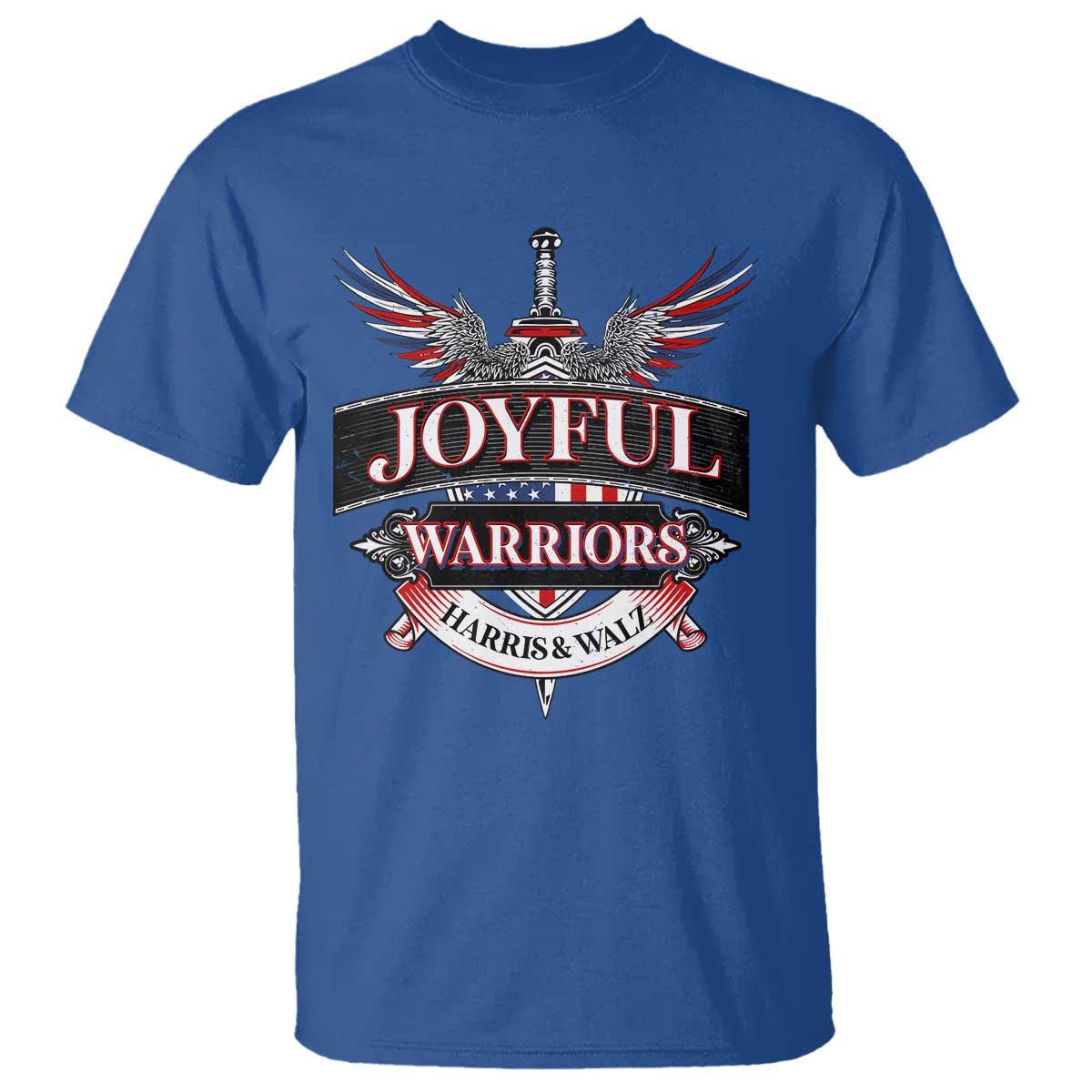 harris-walz-t-shirt-joyful-warriors-vintage-sword-american-flag