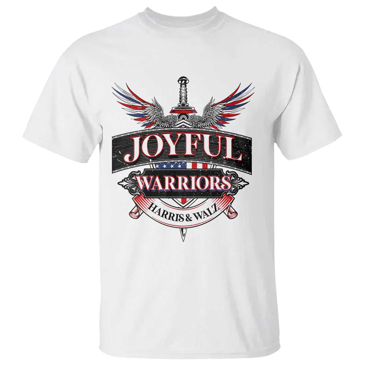 harris-walz-t-shirt-joyful-warriors-vintage-sword-american-flag