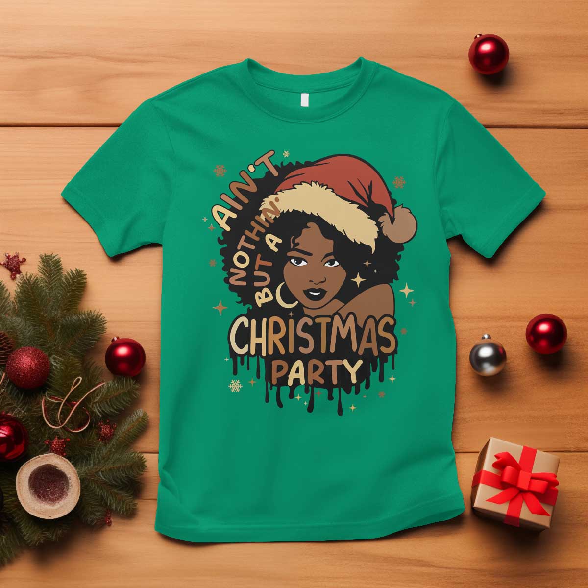 funny-african-american-christmas-t-shirt-aint-nothing-but-a-christmas-party-santa-black-melanin-girl
