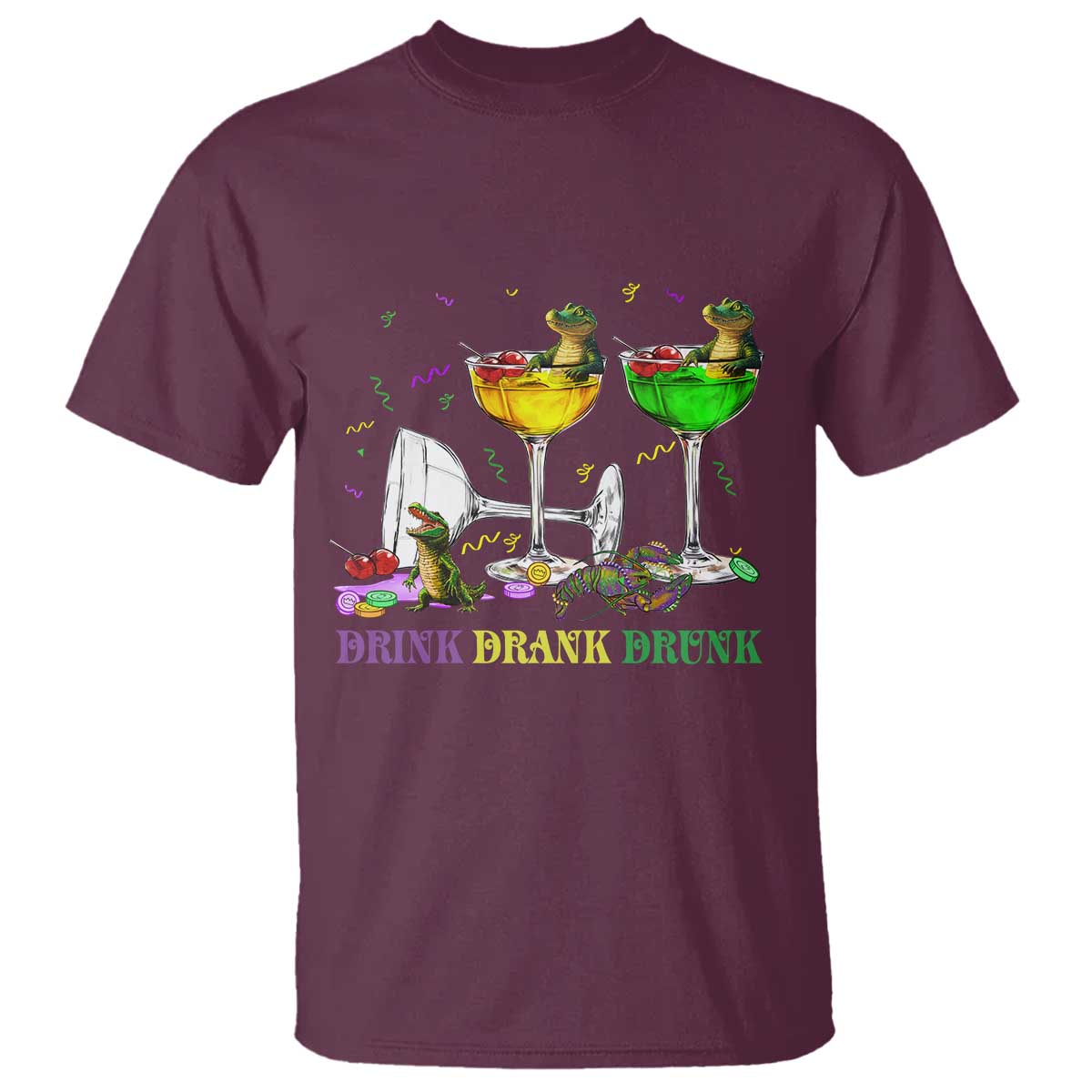 funny-mardi-gras-drinking-t-shirt-drink-drank-drunk-glass-of-wine-alligators