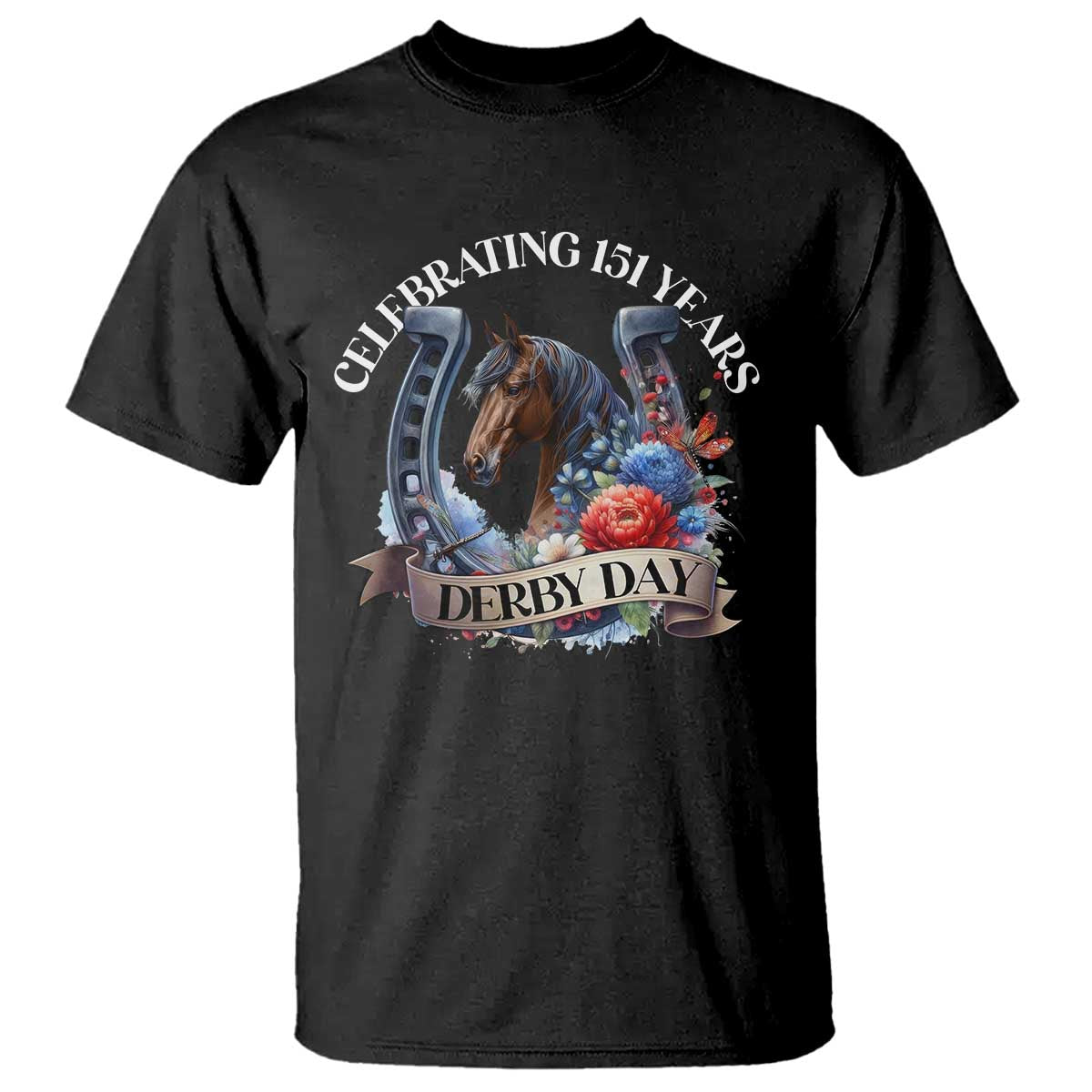 celebrating-151-years-derby-day-t-shirt-horse-racing-horseshoe-flowers