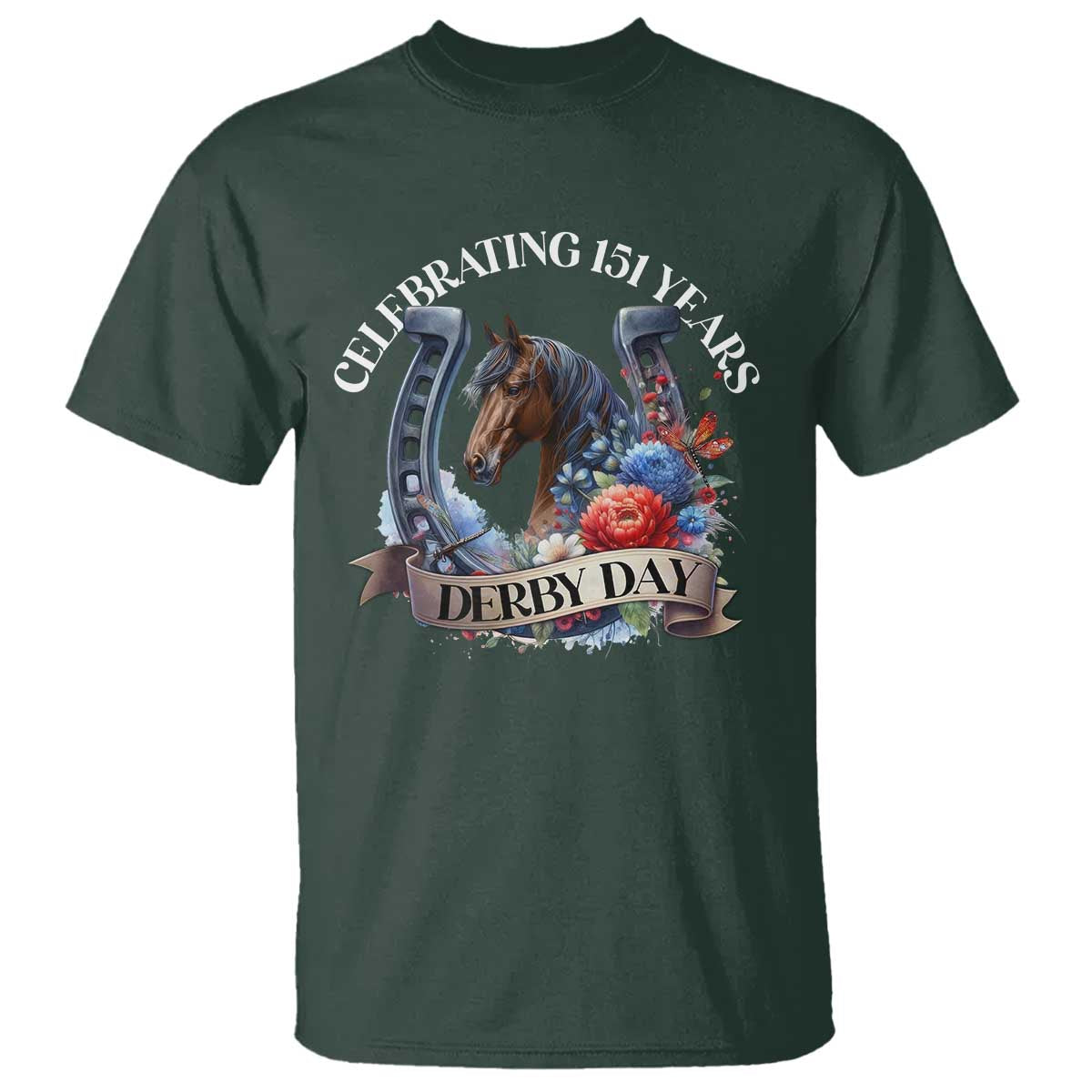 celebrating-151-years-derby-day-t-shirt-horse-racing-horseshoe-flowers